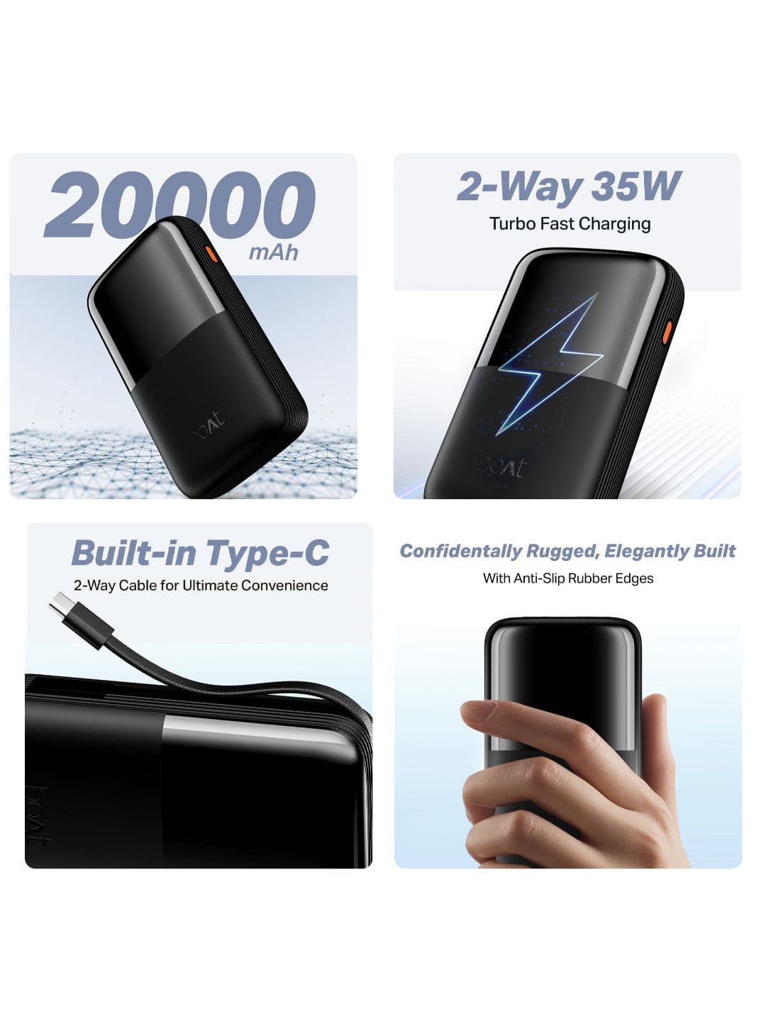 boAt EnergyShroom PB400 Turbo X 20000mAh Power Bank35W 2-Way Fast Charging 2-Way Type-C Cable