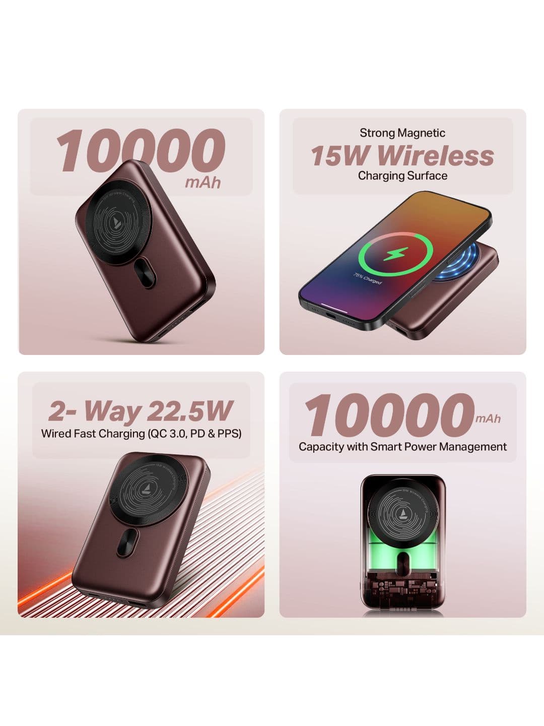 boAt EnergyShroom PB331 MagnaCharge 10000mAh Power Bank 15W Wireless and 22.5W Wired Charging