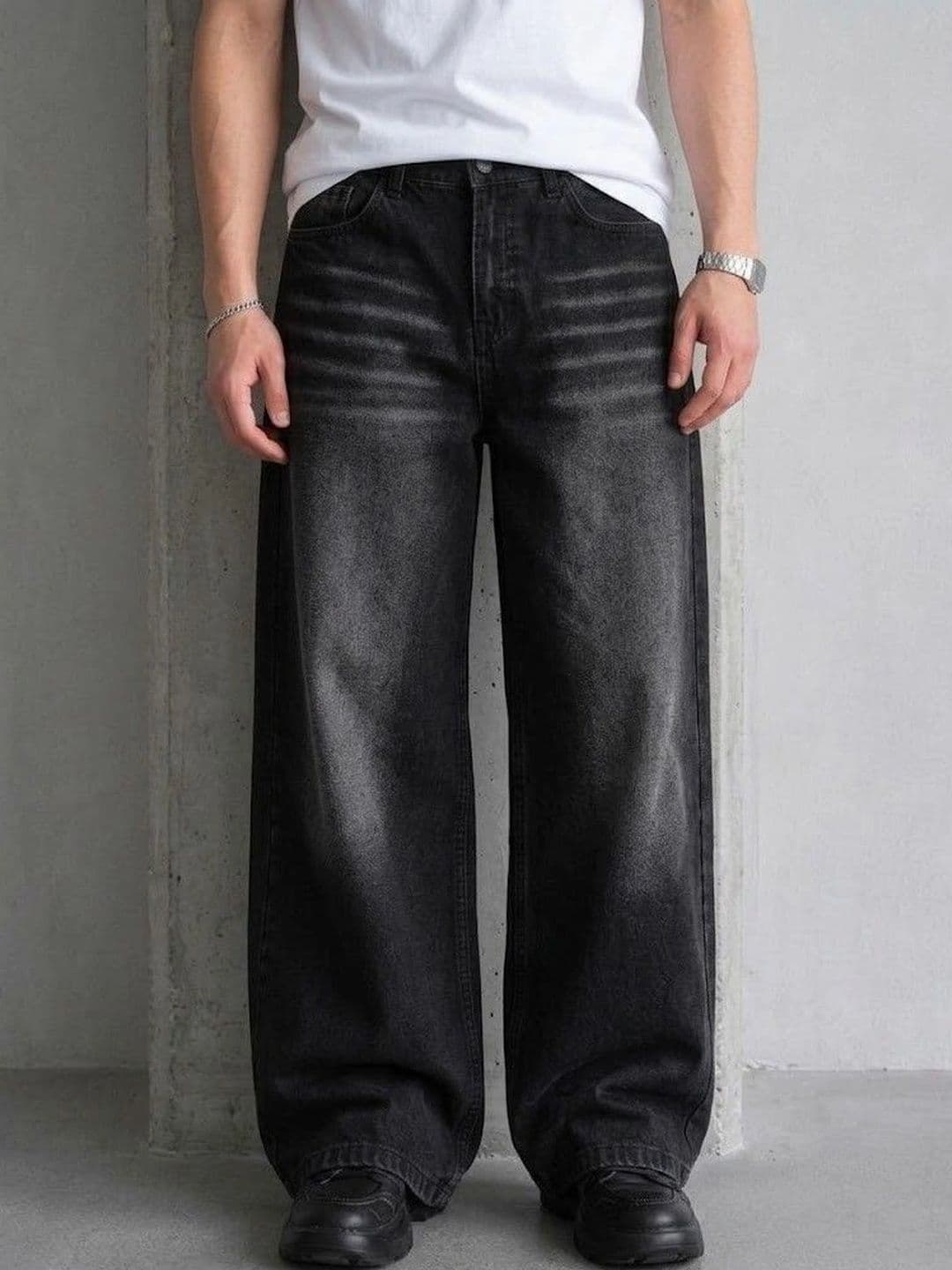Niffar Fashion Men Wide Leg Mid-Rise Low Distress Light Fade Jeans
