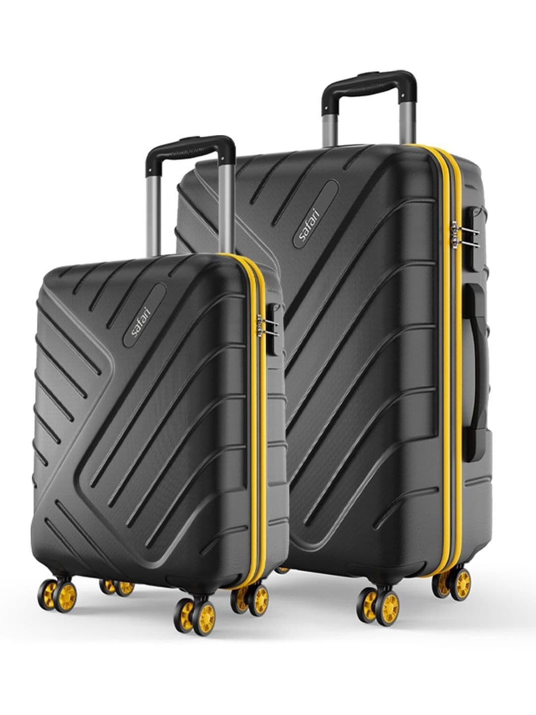 Safari Accent Black Set of 2 Hard Side 8 Wheel Cabin & Medium Trolley Bag Suitcase