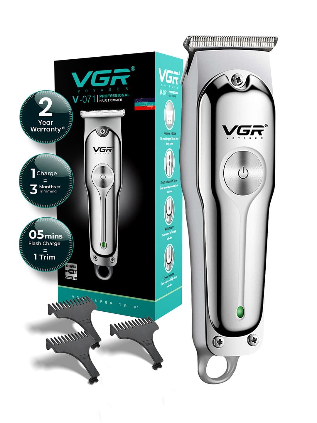 VGR V-071 Professional Hair Clipper With 3 Guide Combs & 120 min Runtime - Silver