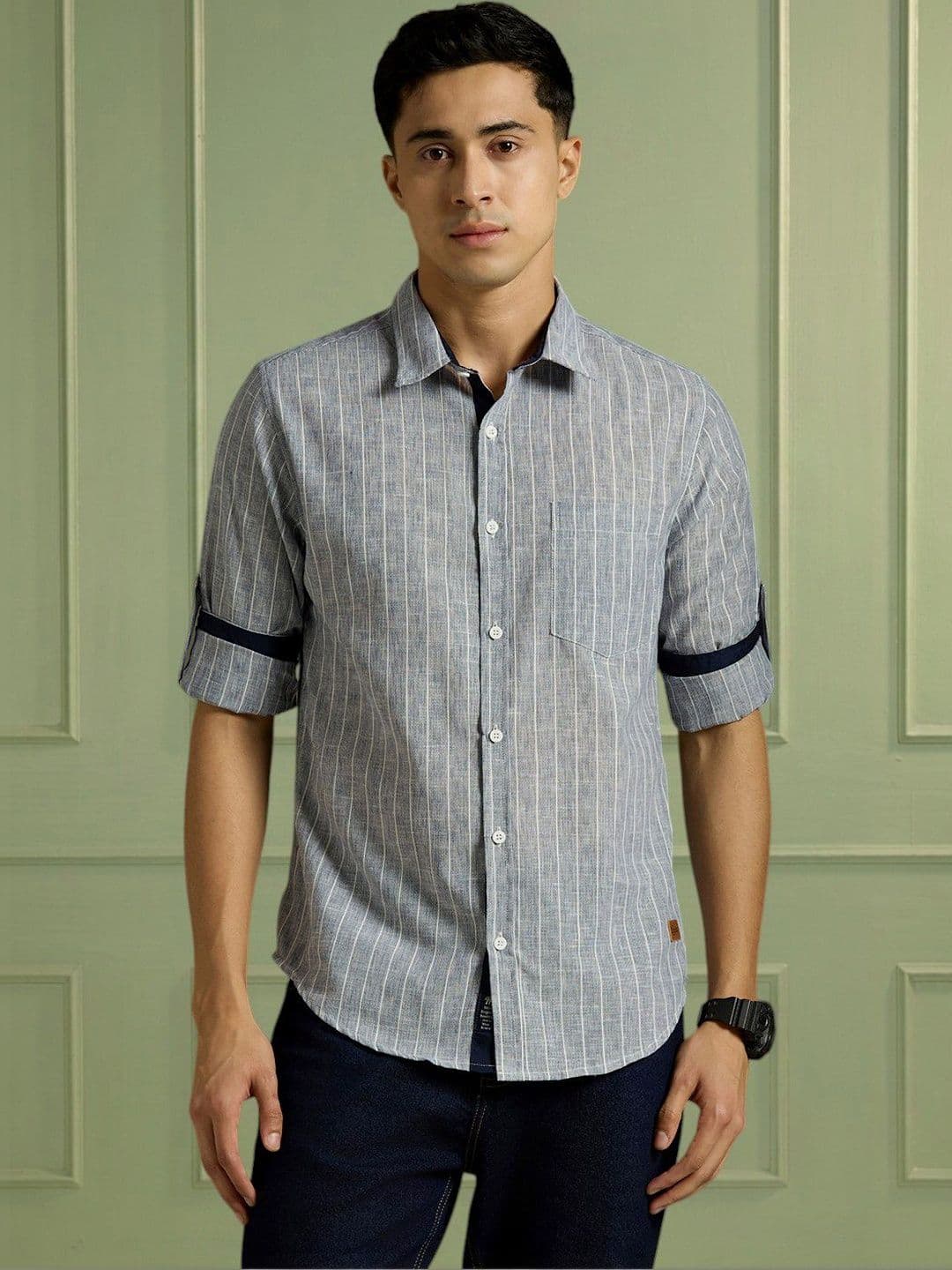 The Roadster Lifestyle Co Striped Pure Cotton Spread Collar Shirt
