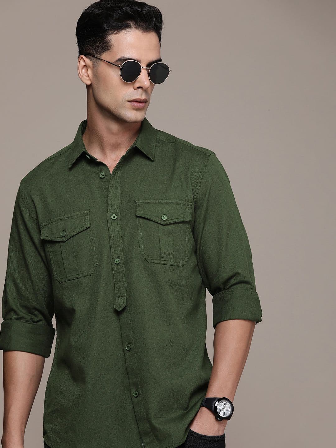 FORCE IX Solid Pure Cotton Spread Collar Casual Shirt