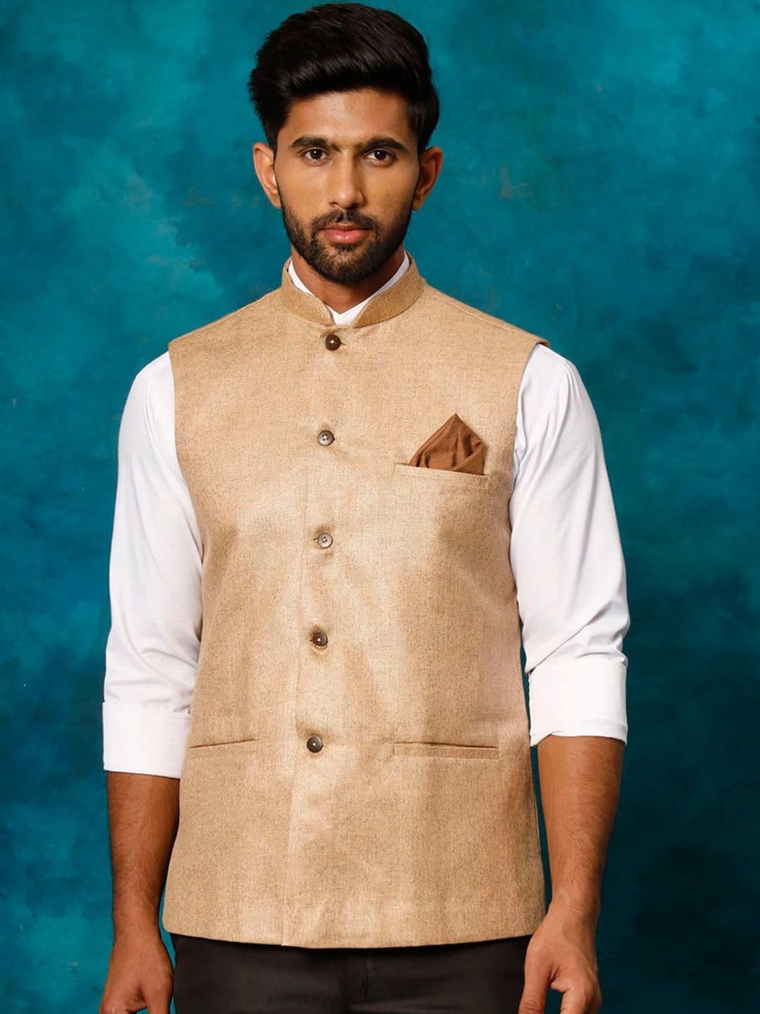 VM Woven Design Mandarin Collar Jute Cotton Nehru Jacket