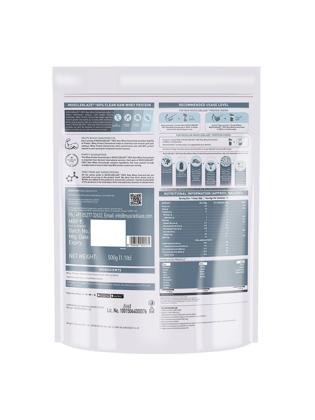 MuscleBlaze Raw Whey Protein Concentrate 80% with Added Digestive Enzymes - 500gms