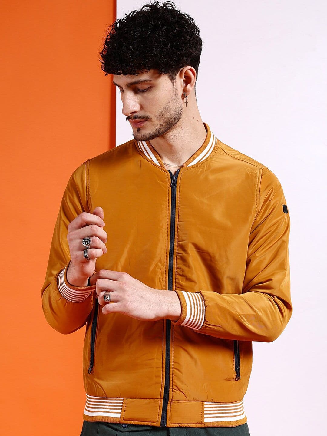 The Indian Garage Co Men Mustard Colourblocked Longline Outdoor Bomber Jacket