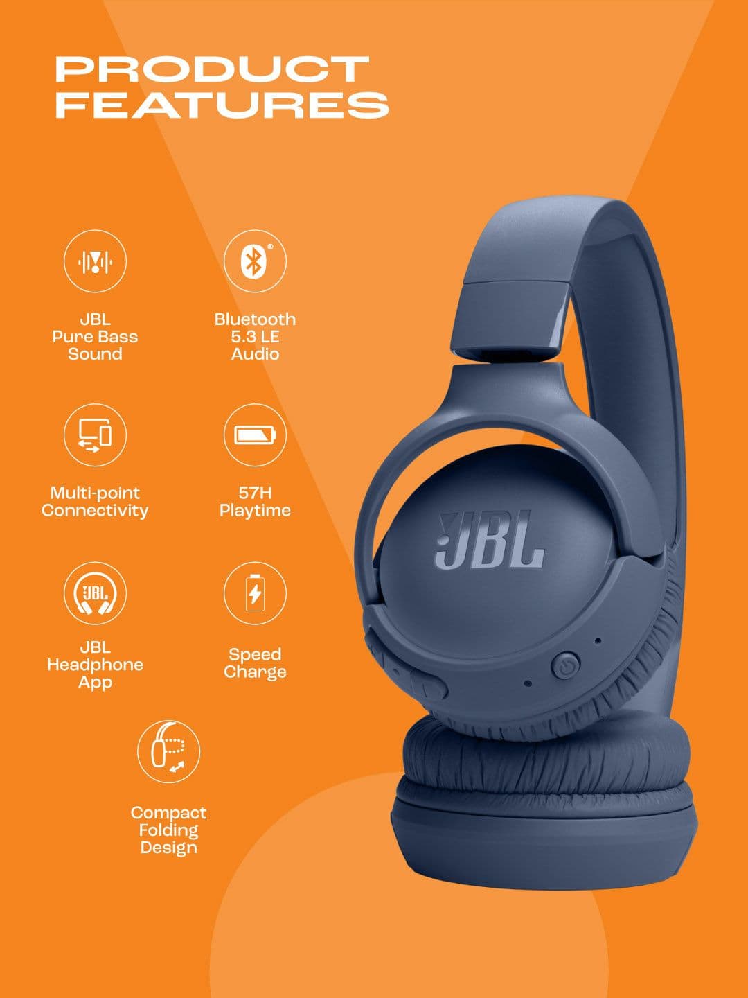 JBL Blue Tune 520 BT 57Hr Playtime Pure Bass BT 5.3LE Multi Connect On Ear BT Headset