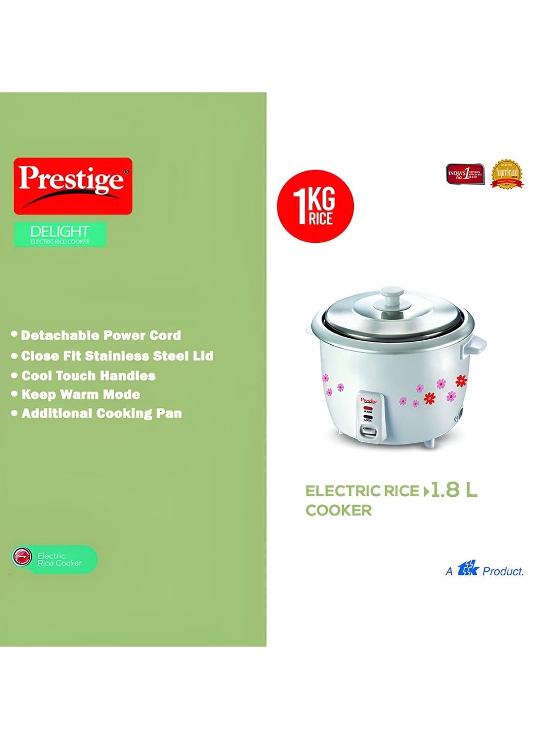 Prestige Delight PRWO White Printed Aluminium 230W Electric Rice Cooker With Fit Lid 1.8L