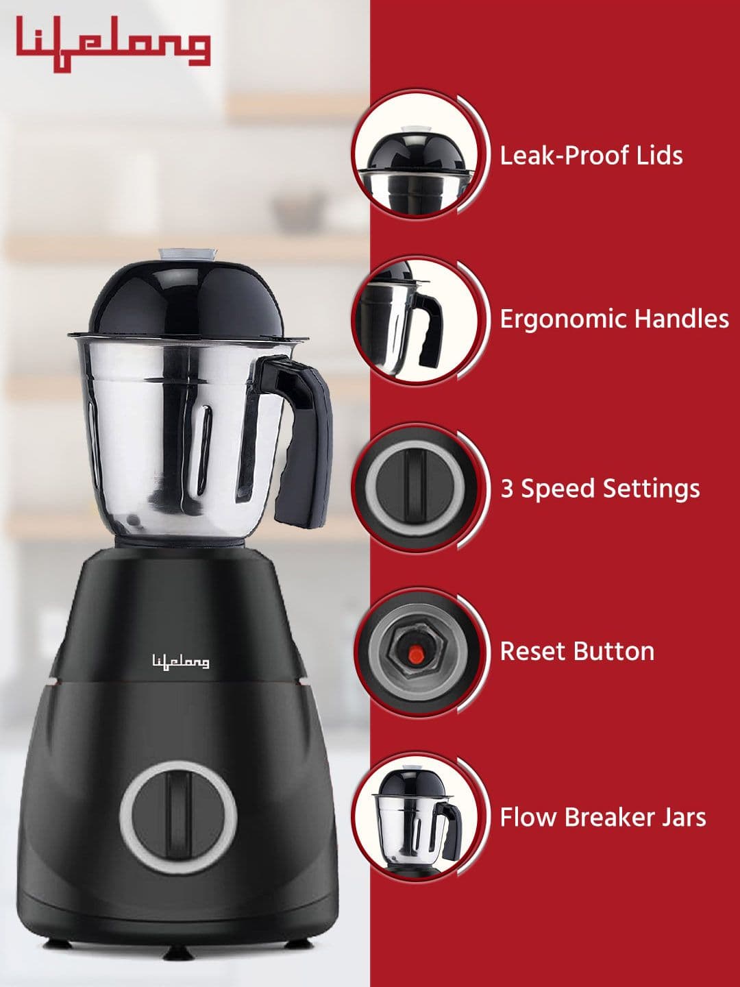 Lifelong Black LLMG300 Power Pro LX 500W Mixer Grinder With 3 Jars