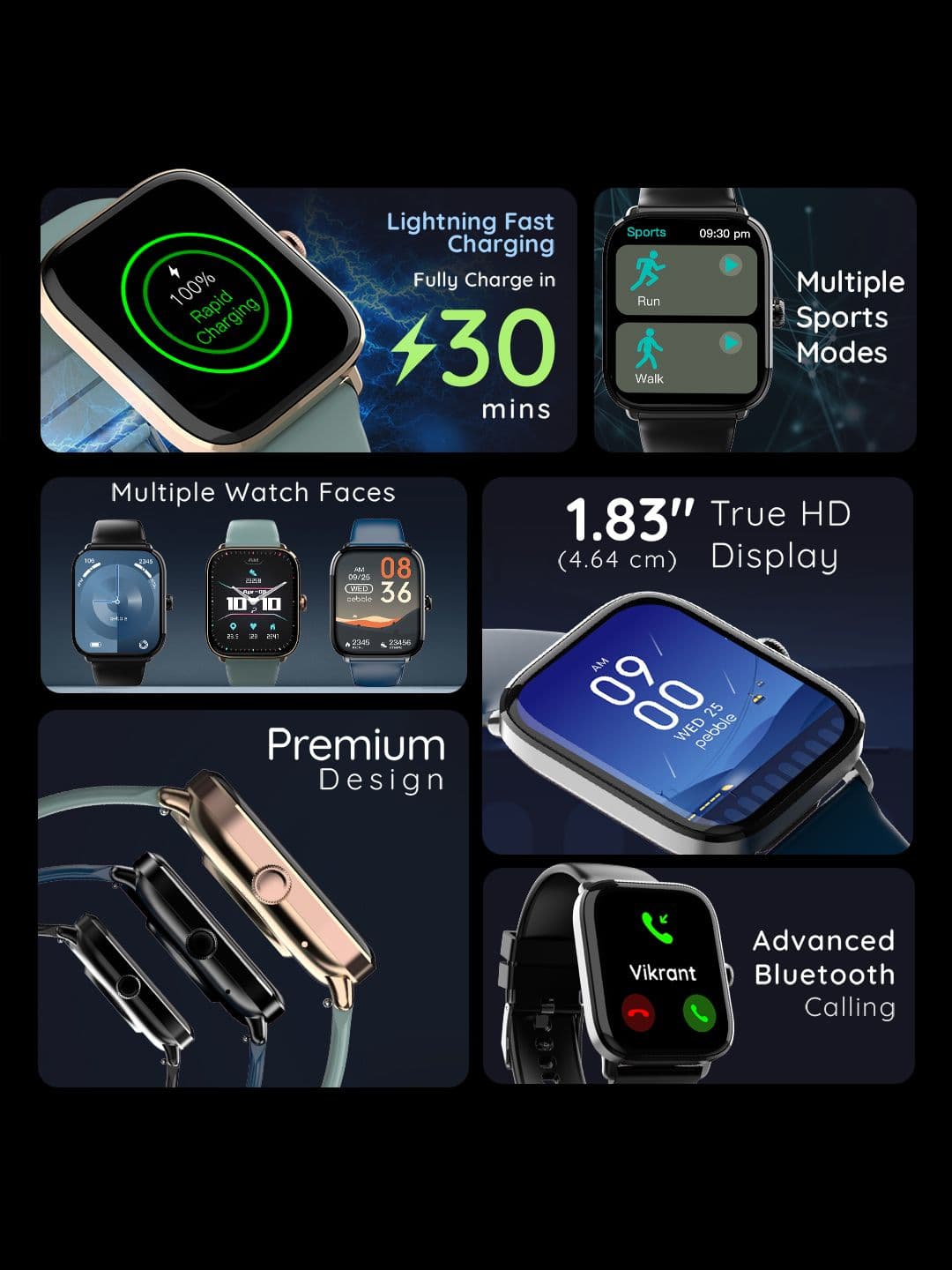 pebble Ultra Rapid 30 Min Full Charge 1.83" HD Display, Premium Metal Built Smartwatch