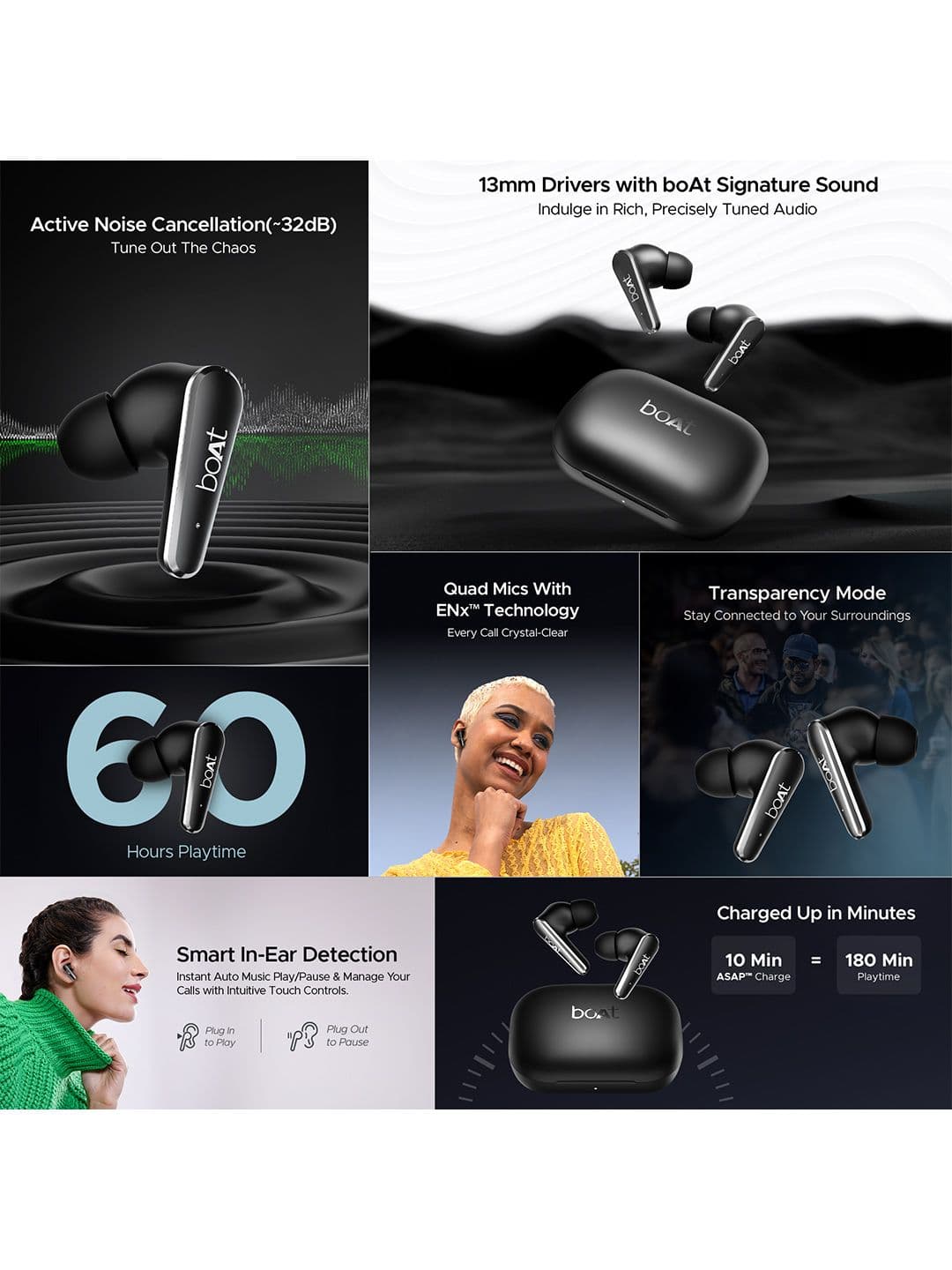 boAt Airdopes 280 ANC TWS Earbuds w/ ANC upto 32dB, 13mm Drivers & 60H Playtime