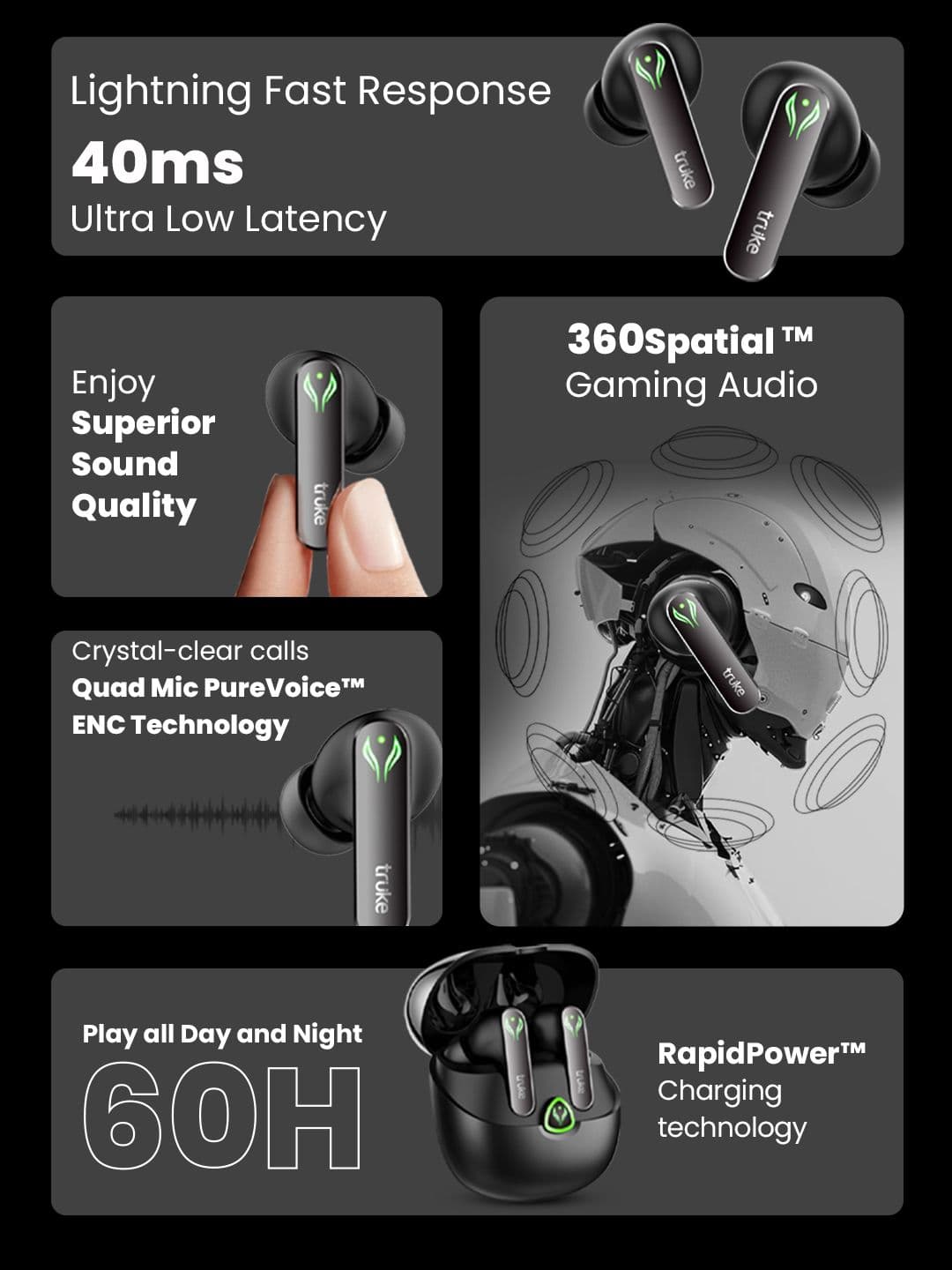 truke Unisex BTG Ultra Gaming Earbuds with 40ms Ultra low latency Battle Mode