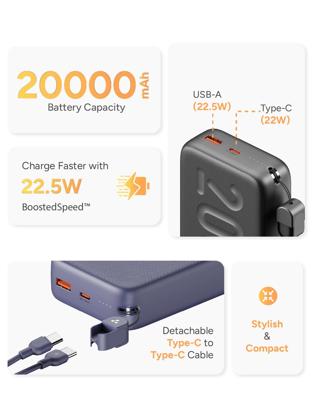 Ambrane 20000mAh 22.5W Fast Charging with Type C Cable Powerbank - Stylo N20 Green