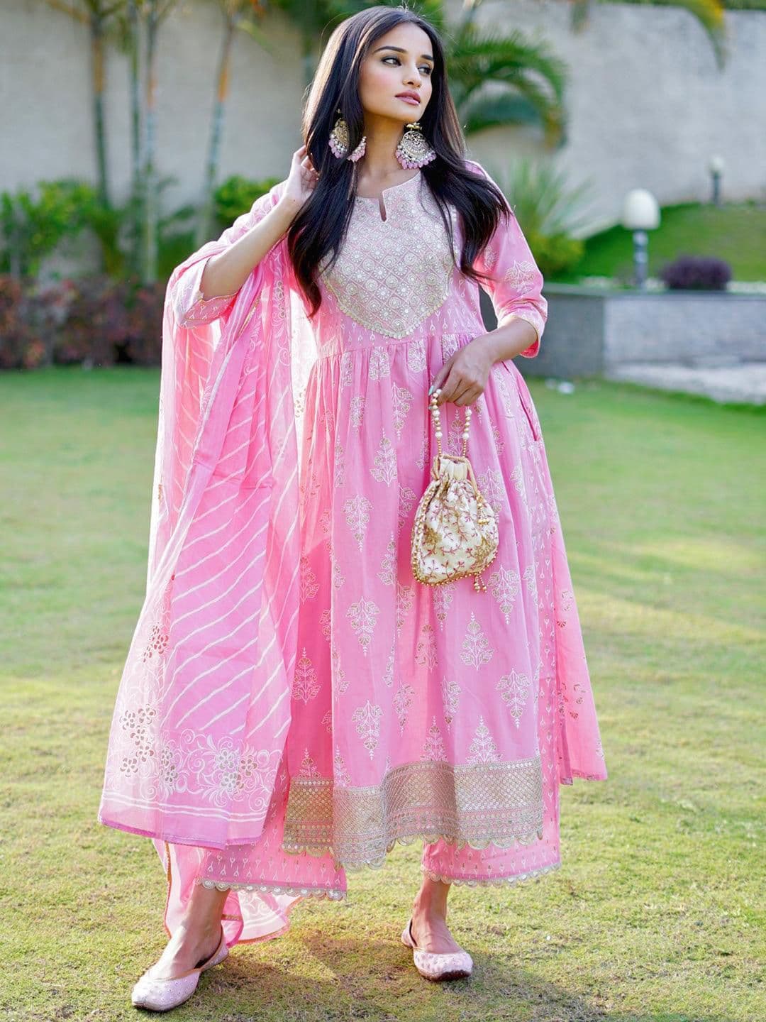 Libas Womens Pink Yoke Design Cotton Anarkali Kurta With Palazzos & Dupatta