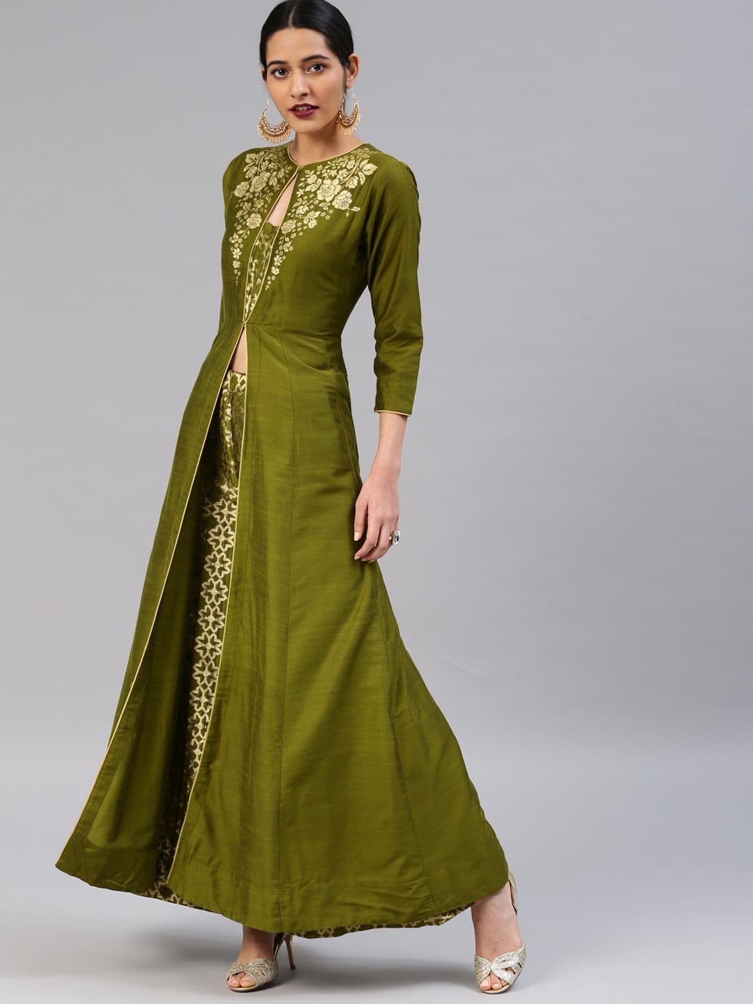 Vishudh Women Olive Green Yoke Design Kurta with Palazzos