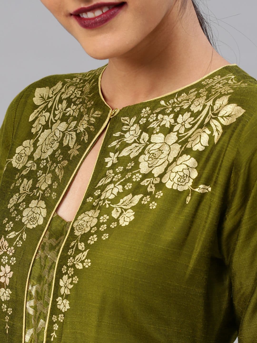 Vishudh Women Olive Green Yoke Design Kurta with Palazzos