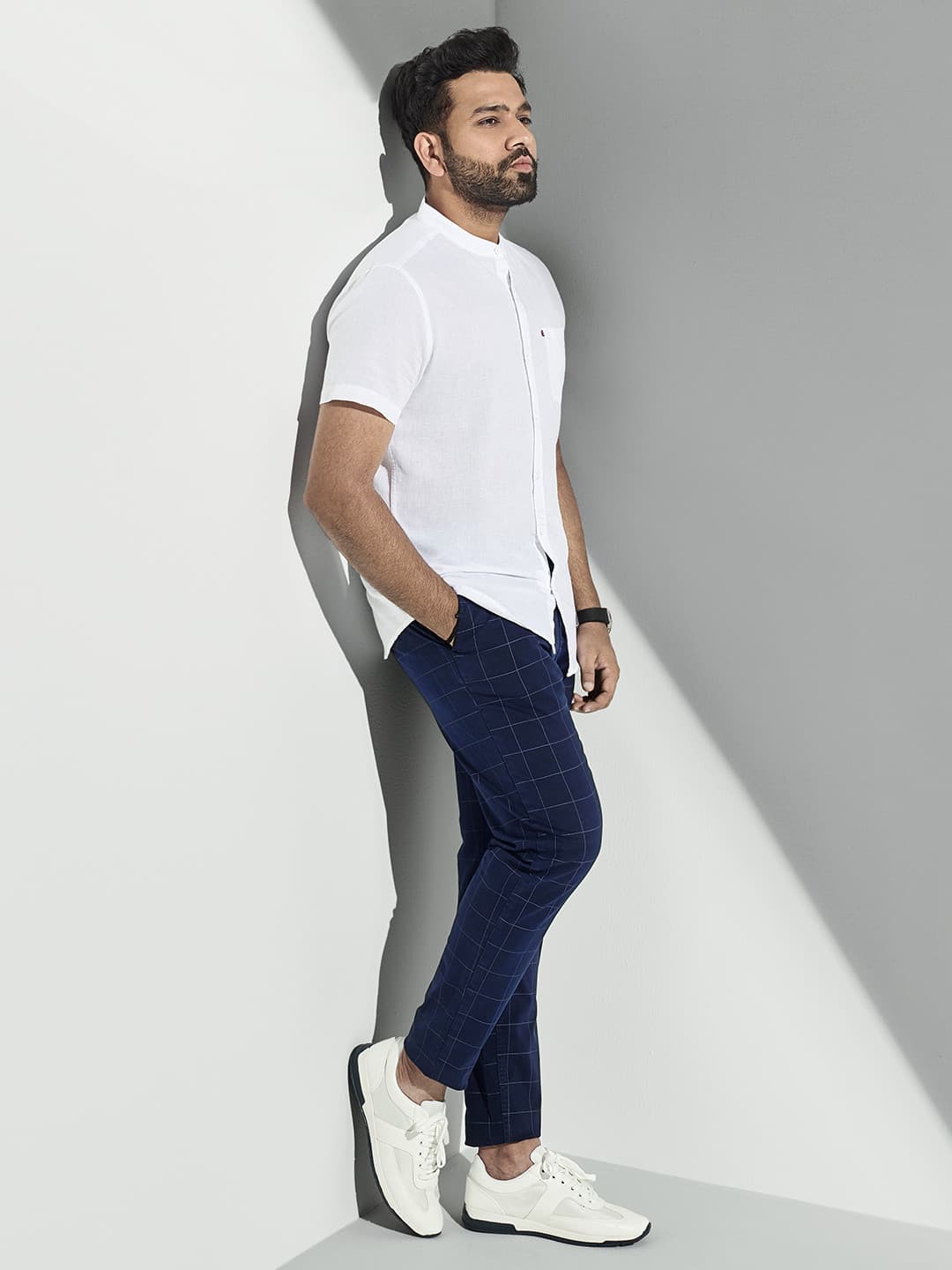 HIGHLANDER by Rohit Sharma Men Navy Blue Slim Fit Checked Chinos
