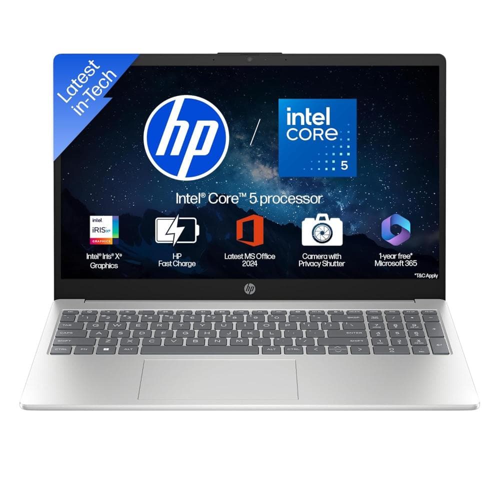 HP 15 Laptop, Intel Core 5-120U, Intel Iris Xe Graphics, 16GB DDR4 RAM, 512GB SSD, 39.62 cm - 15.6 inch FHD 250nits, Windows 11 Home, MS Office Home 2024, Natural Silver, 15-HR0009TU