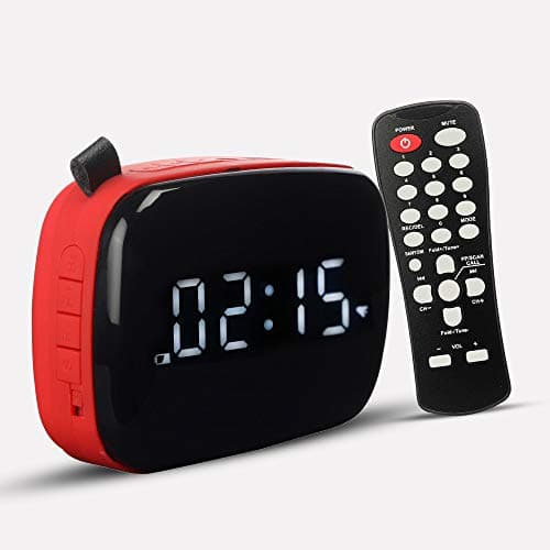 Pagaria Portable Radio & Alarm Clock Bluetooth Speaker with Remote/Alarm/USB/am/fm/SD Card/aux/Bluetooth Recording/mic Recording. (Red)
