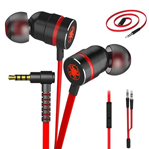Plextone Gaming Earphones, RichBass in-Ear Headphones with L Sharp Plug & Extension Cable for PC, iPhone, Samsung, Laptop, Xiaomi (Upgrade Red)