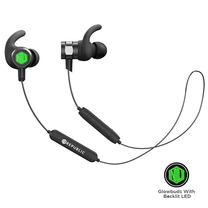 Nu Republic Rouser Wireless Earphones with LED Light, 10mm Drivers, IPX5 Sweat and Water Resistant, Deep Bass, in-Line Control with Mic- Green & Black