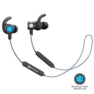 Nu Republic Rouser Wireless Earphones with LED Light, IPX5 Sweat & Water Resistant, in-Line Control with Mic- Blue