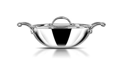 Stahl Triply Stainless Steel Artisan Kadhai with Lid, 4324, 24cm, 2.4 Liters, 1-Piece, Silver