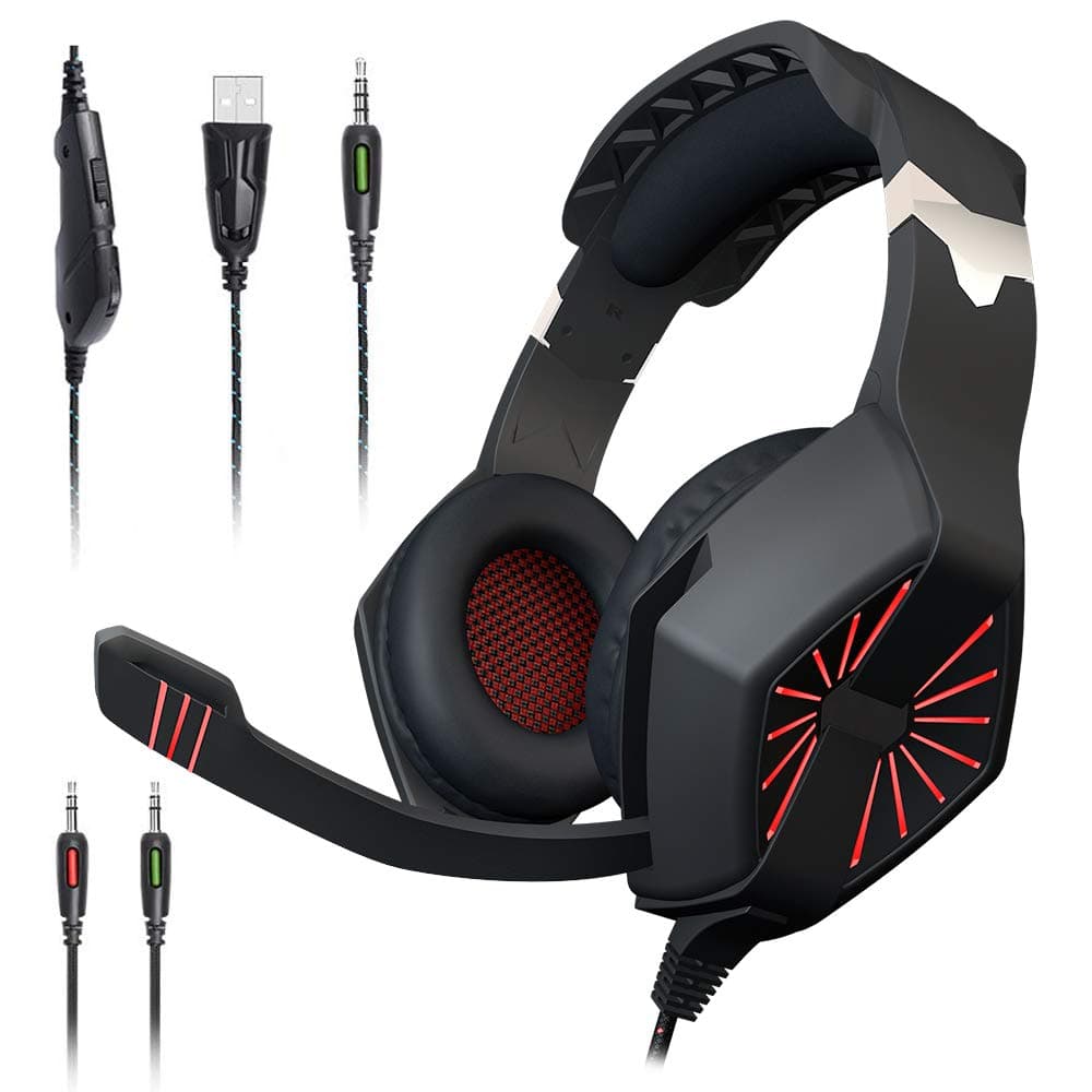 Maono AU-A1 Gaming Headphones with Headset, Mic Control and LED Light (Red and Black) On-Ear Headphones