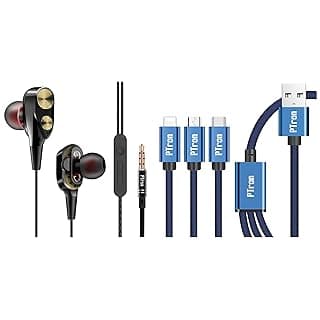 pTron Boom 2 4D in-Ear Dual Driver Wired Headphones with Mic - (Black and Gold) + PTron Swing 3 in 1 Fast Charging 2A Cable for Type-C, Micro and iPhone Pins, Smart Charge 3 Port Dat