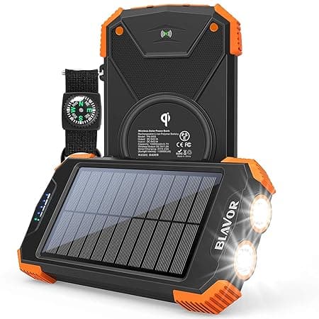 BLAVOR Solar Power Bank, qi Wireless r 10,000mah External Battery Pack with Type c Port, Dual Flashlight and Compass (ipx4 splashproof, dustproof, Sho