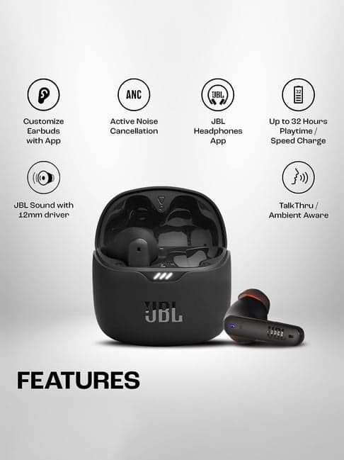 JBL Tune Flex In Ear Bluetooth Wireless Earbuds with ANC & 32H Playtime (Black, True Wireless)