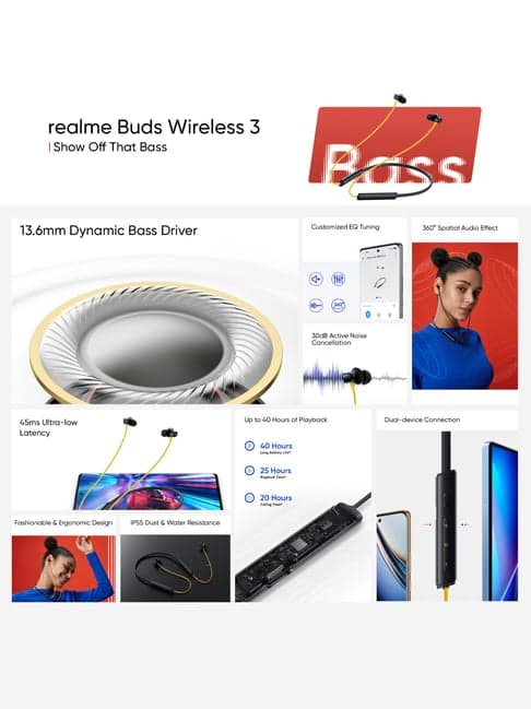 realme Buds Wireless 3 In Ear BT Neckband with 30dB ANC & upto 40Hrs Playback (Pure Black)