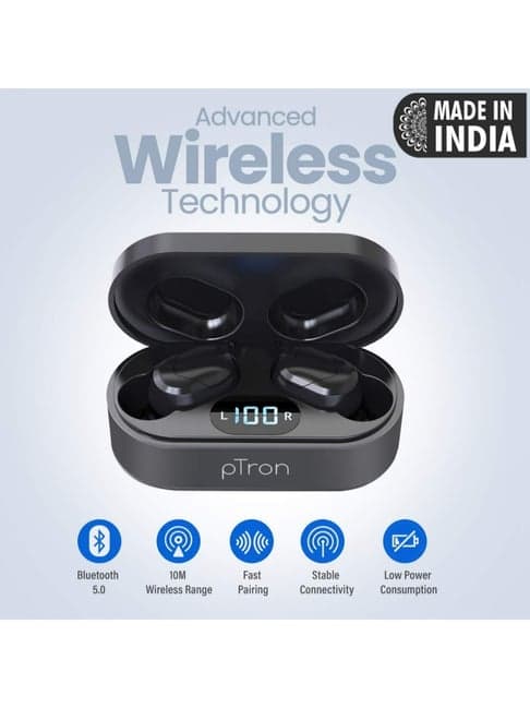PTron Bassbuds Plus True Wireless Bluetooth 5.0 in Ear Earbuds, Digital Display & with Mic (Black)