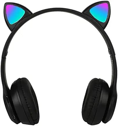 ROXO P47M Wireless Bluetooth Cat Ear with 7 RGB Color Changing Lights Headphones with Mic,Aux,Memory Card Support,Upto 8 Hours Battery Back Up,Supports All Devices (Black)