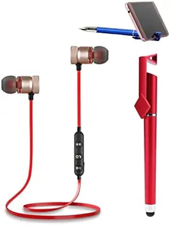 LYXMAD Wireless Magnet Bluetooth Earphone Headphone with Mic, Sweatproof Sports Headset, for Running and Gym, Stereo Sound with Ergonomic (Black) & 3 in 1 Stylish Pen Mobile Holder Stand.