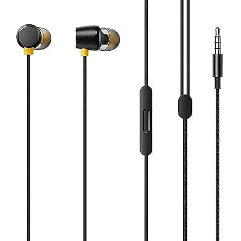 Lynacz Original Wired Earphones Compatible with Realme, Vivo, Oppo, 3.5mm, Deep Bass, in-Ear, 12.4mm Driver, 32 Ohm Impedance,Crystal Clear Sound, Hands-Free Mic (Black)