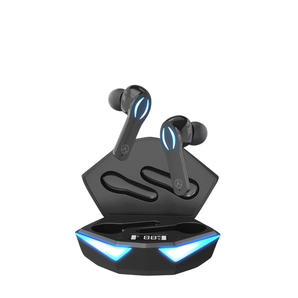 AMS Sword Series X-12 TWS Wireless Earbuds with mic,LED Battery Indicator, 50 MS Lowest Latency with Upto 40Hrs Playtime, True Gaming Headphones Buds, in-Built Microphone,Deep Bass for Gaming-Black