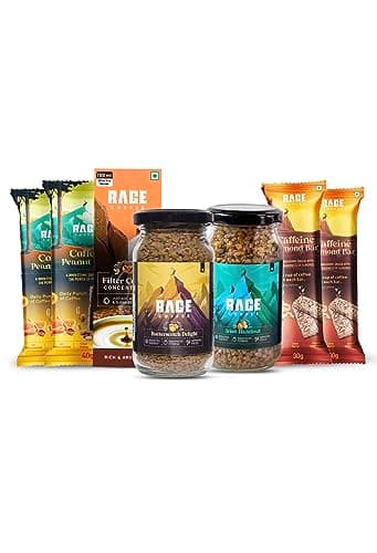 Rage Coffee Special Virat Kohli favourite Combo (Peanut & Almond bars (pack of 2 each) | Instant coffee pack of 2, 50g Each | Liquid coffee concentrate Ready to drink Sachet pack of 5