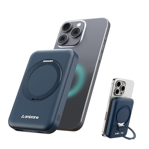 Ambrane MagSafe Wireless 10000mAh Fast Charging Power Bank with Mobile Stand, Strong Magnet, 22.5W Output for iPhone 12 & Above, Android & Other Qi En...