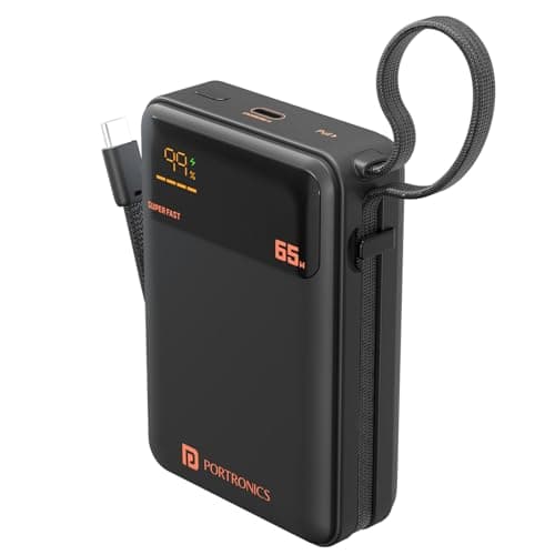 Portronics 65W Ignis 65 20000mAh Fast Charging Powerbank with in-Built Type C Cable for Android Smartphones, iPhones, ipads, Tablets & Macbooks, Type ...