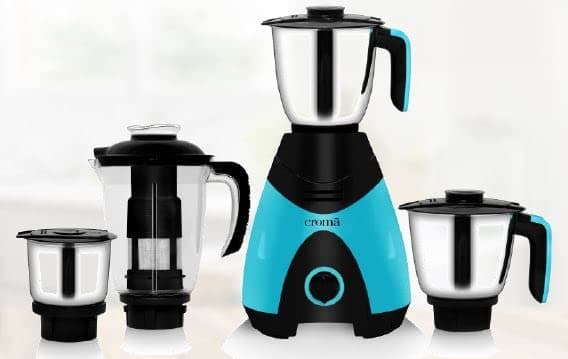 Croma 750W Mixer Grinder with 4 Jars, 3 speed & Pulse Function, 1.5 meter cord length Shock proof, 1 year warranty (CRSK75WMGA183304, Blue & Black)