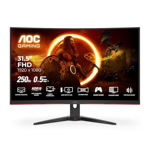 AOC C32G2ZE2 32" FHD 1500R Curved Gaming Monitor, 250Hz Refresh Rate, 0.5ms Response, HDR10, Adaptive Sync, VA Panel, Low Input Lag, HDMI/DP, Frameles...