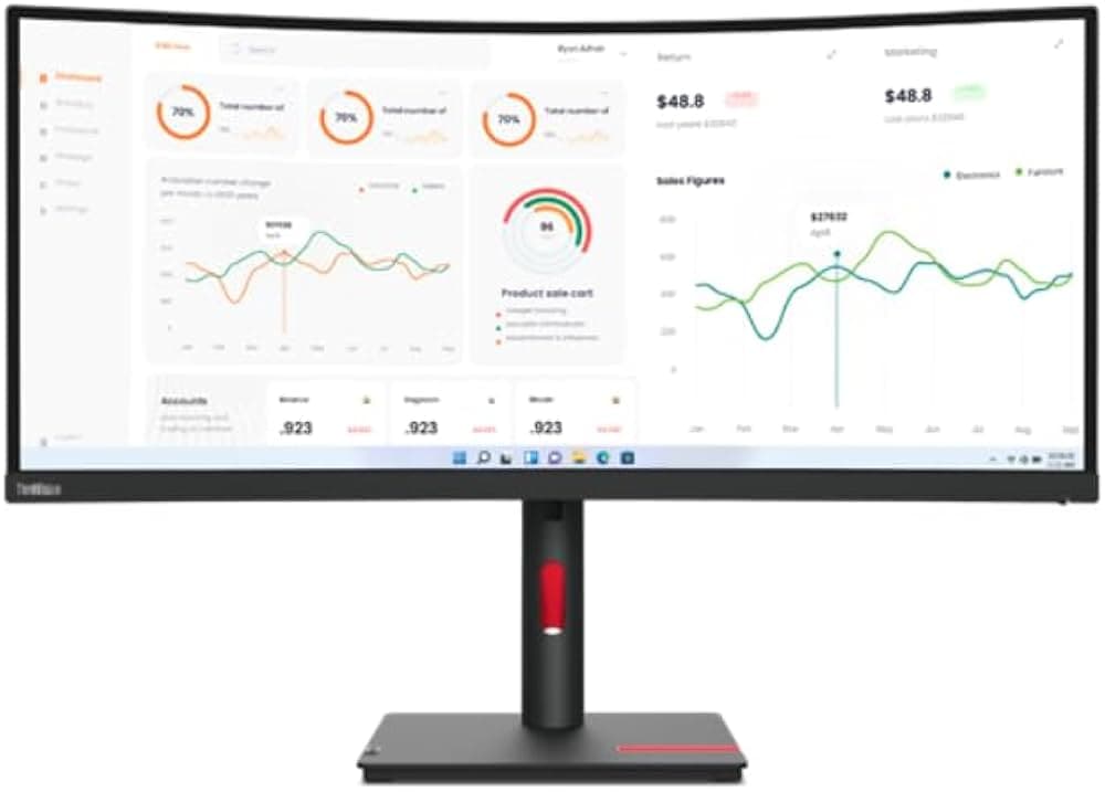 Lenovo ThinkVision 34"/86.4cm Curved Wide QHD Monitor (3440 x 1440) Resolution | Height Adjustment | USB 3.2 Type-C | USB hub | Ethernet Port | 99% sR...