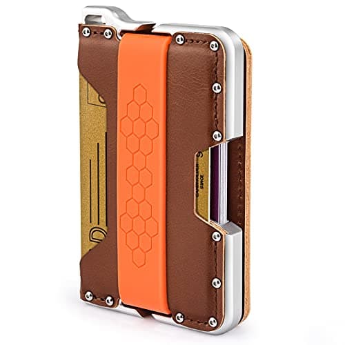 Minimalist Wallet for Men - Evcing Slim Smart Metal EDC Wallets with Genuine Leather and CNC Alum - RFID Blocking Extra Large Capacity Dapper Design Bifold Stylish (Silver&Brown)