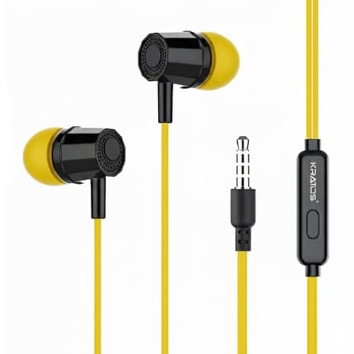 Kratos E02 Yellow Wired Earphones with 3.5mm Jack Inline Mic Control for Clear Calling & Music, Multi-Functional Controller,Sweat Resistant,Comfort Fi...