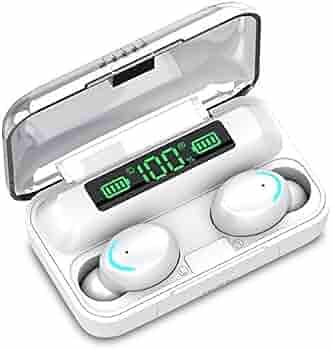 BARUK F9-5 Wireless Earphone Headphone V5.0 TWS Mini in-Ear Earbuds Sports Gaming HiFi LED Power Display Audifonos Headset, True Wireless Earbuds with Powerbank (White)