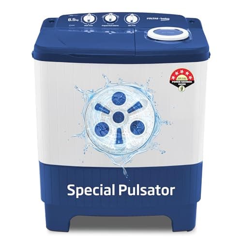 Voltas Beko, A Tata Product 6.5 Kg 5 Star Semi-Automatic Top Loading Washing Machine (2024 Model, WTT65UNX/OK3I0I0W01, Blue, Pulsator wash technology)