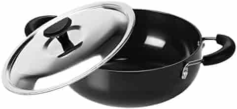 Sumeet 3mm Hard Aluminum Anodized Deep Kadhai with Stainless Steel Lid (Size 10, 185mm, 1 LTR, Black)
