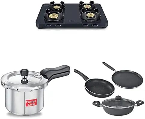 Prestige Edge Gas Table PEBS 04 - Black + Prestige Omega Deluxe Granite 3 Pcs with 1 Glass Lid COMBO