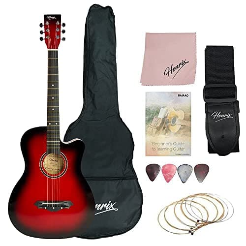 Henrix 38C PRO 38 Inch Cutaway Acoustic Guitar With with Die-cast Tuners, Dual-action Truss Rod, Gig-Bag, Picks, String set, String Winder, Strap & Polishing Cloth - Red Burst